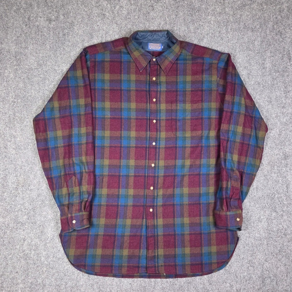 Vintage Pendleton Plaid Wool Shirt Mens 2XLT Burgundy Blue Long Sleeve USA